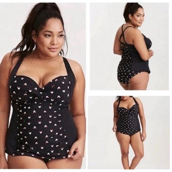 Disney One Piece Swimsuit Womens 2/2X Black Minnie Mouse Polka Dot Padded Bra - Picture 1 of 10
